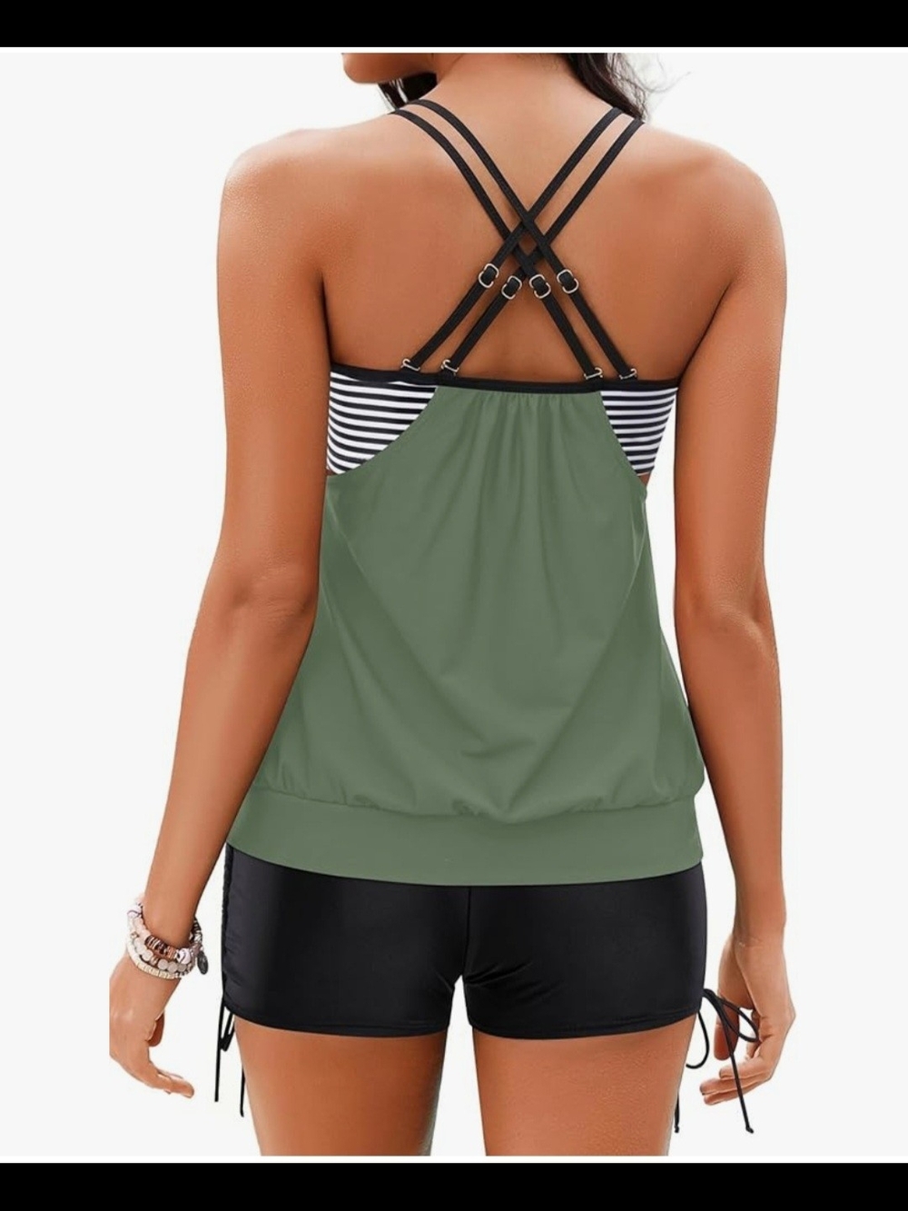 Holipick Tankini Set - Army Green/Striped Multi-Strap Top & Black Boyshorts, XL - Picture 3 of 10
